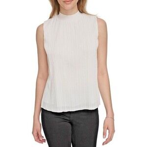 Calvin Klein Women's Plisse Mock-Neck Sleeveless Top off white size S